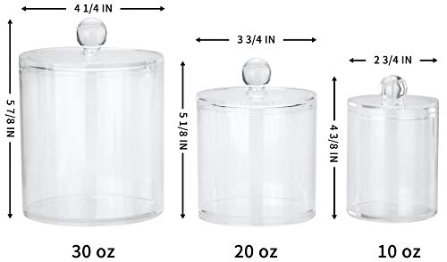 Marathon Studios Qtip Holder Dispenser Acrylic Clear 3 Pack for Cotton Swabs/Cotton Balls/Cotton Rounds, Bathroom Accessories Apothecary Jars Vanity Organizer, Bathroom Canisters - 30 oz/20 oz/10 oz