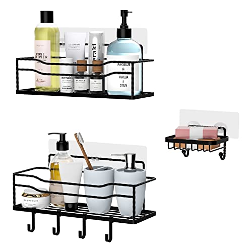 Joetin Shower Caddy Shelf with Hooks, Adhesive Shower Wall Organizer Shampoo Holder for Bathroom Shower Kitchen