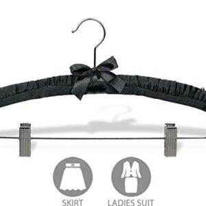 Black Satin Padded Combo Hanger with Clips in 16" Length X 1" Thick with Chrome Hardware, Box of 12