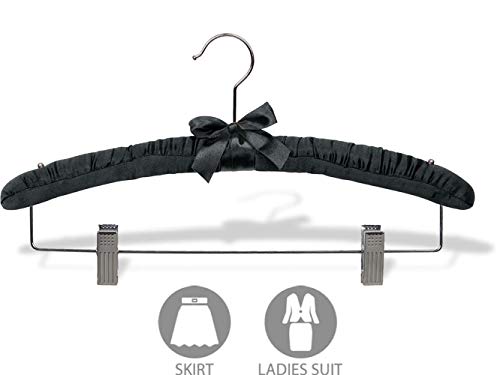 Black Satin Padded Combo Hanger with Clips in 16" Length X 1" Thick with Chrome Hardware, Box of 12