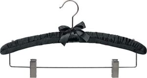 black satin padded combo hanger with clips in 16" length x 1" thick with chrome hardware, box of 12