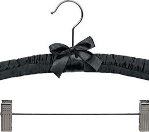 Black Satin Padded Combo Hanger with Clips in 16" Length X 1" Thick with Chrome Hardware, Box of 12