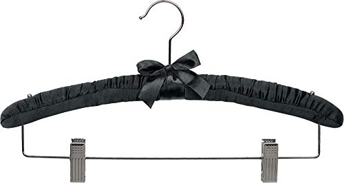 Black Satin Padded Combo Hanger with Clips in 16" Length X 1" Thick with Chrome Hardware, Box of 12