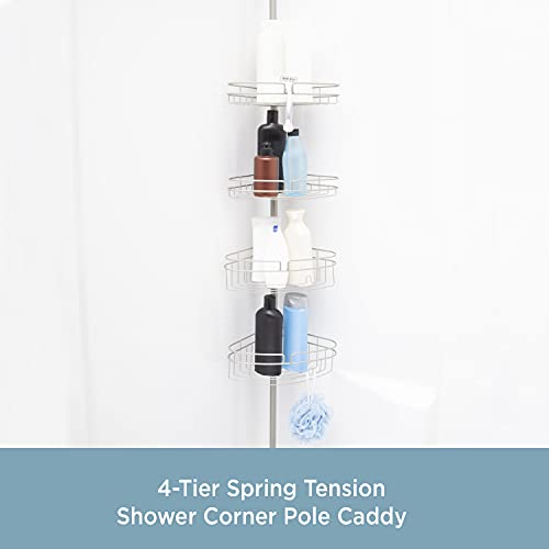 Kenney KN61519 4-Tier Spring Tension Shower Corner Pole Caddy with Razor Holder, Satin Nickel