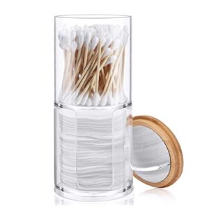 tcjj acrylic disposable cotton round pad holder and qtip holder set with bamboo mirror lid, stackable, clear plastic bathroom vanity organizer for makeup cotton pad swab ball