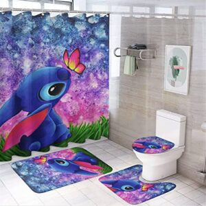 fmsnupz cartoon shower curtain 4pcs set, cute bathroom decor with non-slip rugs, toilet lid cover and bath mat, waterproof fabric shower curtains with 12 hooks, 70.8"x70.8"
