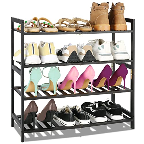 DREAMVAN Wooden Shoe Rack, 4-Tier Shoe Organizer, 20-24 Pairs Stackable Shoe Shelfs, Shoes and Boots Storage Organizer for Entryway Closet Hallway Cloakroom Bedroom (Balck)