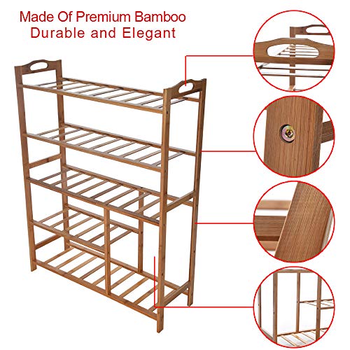 BB67 Home Free Standing Bamboo Shoe Rack Wooden Stackable Entryway Organizer 5 Tiers