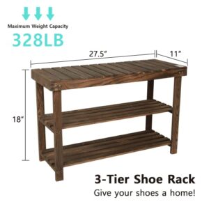 Babion Shoe Rack Bench, 3-Tier Shoe Storage, Dark Brown Shoes Organizer Shelf, Multi-Function Shoe Shelf, Sturdy Shoe Rack for Entryway, Bathroom, Industrial Style, Wooden Frame