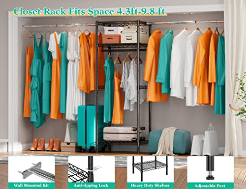 Raybee Closet Organizers and Storage System, 590Lbs Capacity Closet Systems for Walk in Closets with 3 Expandable Hanger Rods, Wall Mounted, 24"-118"L x 16"W x 71"H, Black