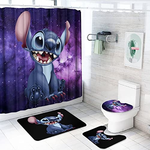 BOABIXA Stit-ch 4-Piece Shower Curtain Set, Shower Curtain, Non-Slip Carpet, Toilet Lid & Bath Mat,Good Looking & Durable, Suitable for Overall Bathroom Decoration