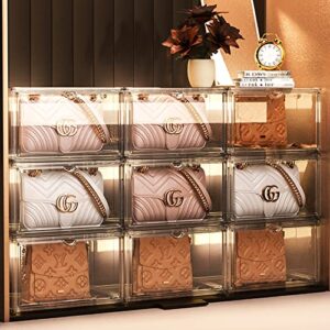 clear stackable purse and handbag storage organizer for closet, 9 packs magnetic acrylic double door storage containers- both front and side open, 360° fully transparent display case for bag/shoes/book/collectibles/toys