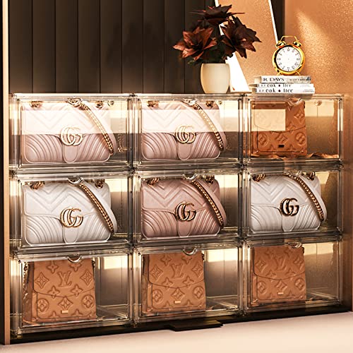 Clear Stackable Purse and Handbag Storage Organizer for Closet, 9 Packs Magnetic Acrylic Double Door Storage Containers- Both Front and Side Open, 360° Fully Transparent Display Case for Bag/Shoes/Book/Collectibles/Toys