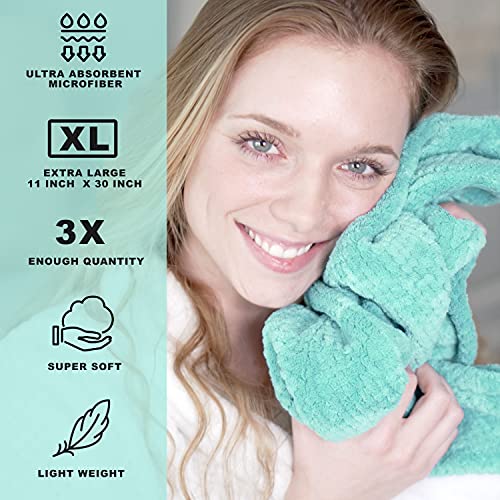 Leporem 3 Pack Microfiber Hair Towel, Huge (30 inch X 11 inch) Super Absorbent & Quick Dry Spa Hair Turban for Curly, Long, Thick Hair, Anti-Frizz, Hair Repair Towel Wrap for Women, Kids