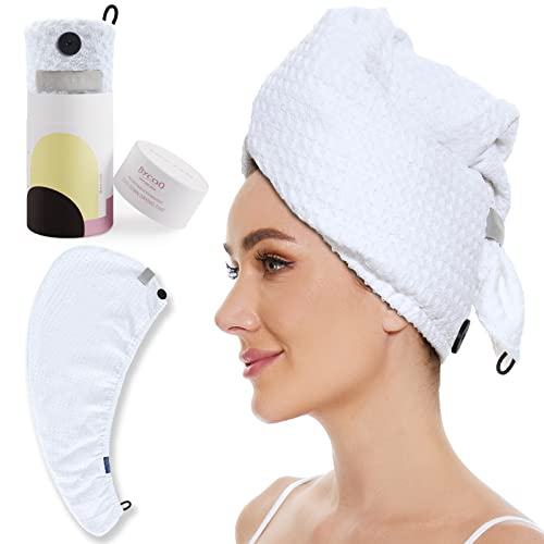 BYCOO Waffle Hair Towel Wrap, Large Microfiber Hair Drying Towels With Button&Elastic, Anti Frizz Head Towle|Super Absorbent | Soft Quick Dry Hair Turban for Women & Wet, Curly, Long &Thick Hair-White