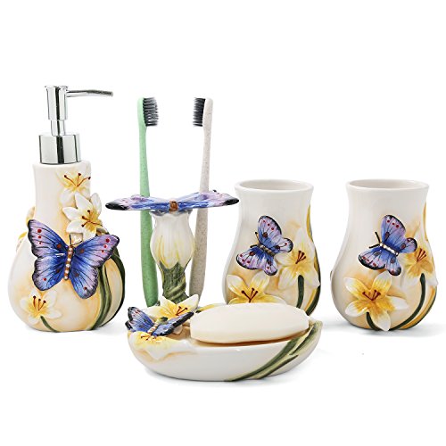 FORLONG Ceramic Bathroom Accessory Set Dancing Butterfly Ceramic 5 Pieces Set,Including Toothbrush Holders,2 Gargle Tooth-Brushing Cups,Soap Dishes,Soap & Lotion Dispenser