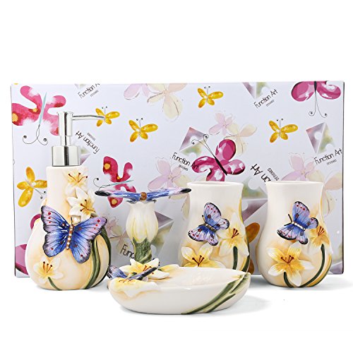 FORLONG Ceramic Bathroom Accessory Set Dancing Butterfly Ceramic 5 Pieces Set,Including Toothbrush Holders,2 Gargle Tooth-Brushing Cups,Soap Dishes,Soap & Lotion Dispenser