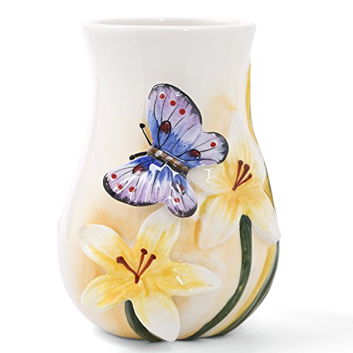 FORLONG Ceramic Bathroom Accessory Set Dancing Butterfly Ceramic 5 Pieces Set,Including Toothbrush Holders,2 Gargle Tooth-Brushing Cups,Soap Dishes,Soap & Lotion Dispenser