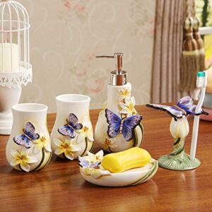 FORLONG Ceramic Bathroom Accessory Set Dancing Butterfly Ceramic 5 Pieces Set,Including Toothbrush Holders,2 Gargle Tooth-Brushing Cups,Soap Dishes,Soap & Lotion Dispenser