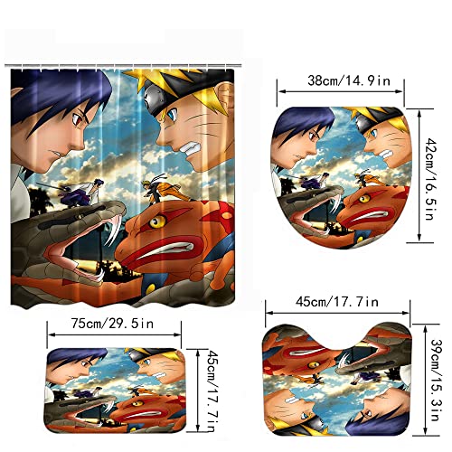 4 Piece Cool Anime Shower Curtain Sets with Non-Slip Rugs, Toilet Lid Cover, Bath Mat and 12 Hooks, Bathroom Decor Set Accessories Waterproof Shower Curtains