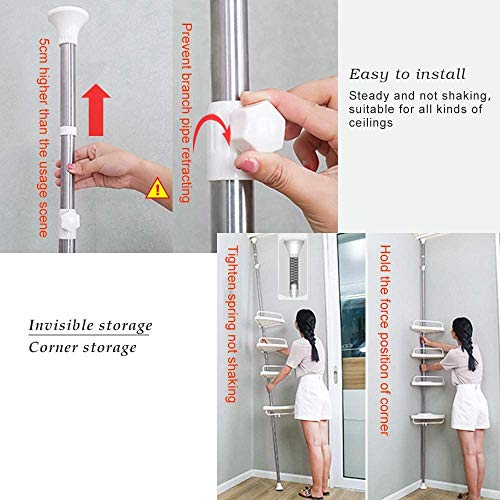 Hershii 4 Tiers Corner Shower Caddy Tension Pole Bathtub Shelf Organizer Adjustable Bathroom Storage Rack Space Saving with Towel Bar - Ivory