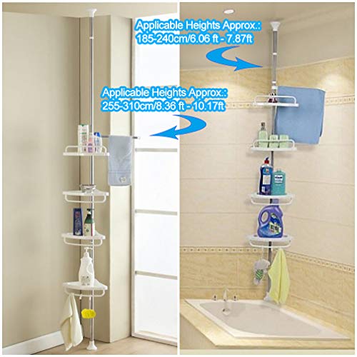 Hershii 4 Tiers Corner Shower Caddy Tension Pole Bathtub Shelf Organizer Adjustable Bathroom Storage Rack Space Saving with Towel Bar - Ivory