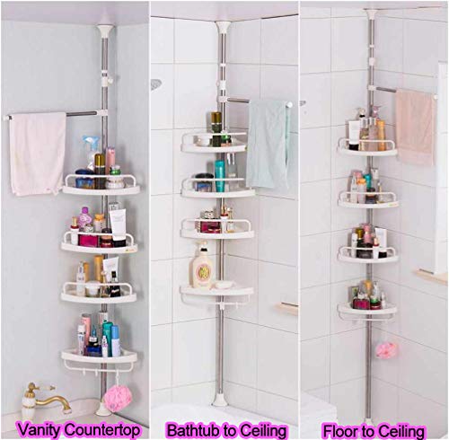 Hershii 4 Tiers Corner Shower Caddy Tension Pole Bathtub Shelf Organizer Adjustable Bathroom Storage Rack Space Saving with Towel Bar - Ivory