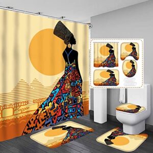 4PCS African American Woman Shower Curtain Set for Bathroom with Rugs and Accessories Sets Include Black Girl Bathroom Shower Curtain Set & 3 Non-Slip Bath Mat (Yellow)