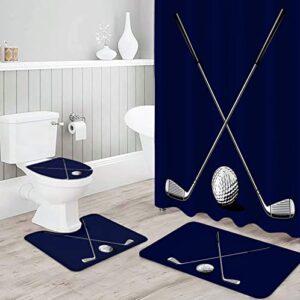 lidu golf club 4 pcs shower curtain set, 36" x 72" waterproof shower curtains with 12 hooks, golf sport navy blue modern abstract art bathroom sets with shower curtain and rugs