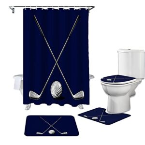 LiDU Golf Club 4 Pcs Shower Curtain Set, 36" x 72" Waterproof Shower Curtains with 12 Hooks, Golf Sport Navy Blue Modern Abstract Art Bathroom Sets with Shower Curtain and Rugs