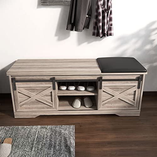 IANIYA Shoe Storage Bench, Bamboo Shoe Rack Organizer with Cushion for Entryway, 3-Tier Shoe Shelf Cabinet with 10 Compartments, Holds 150 lb (Antique Gray + Particle Board)