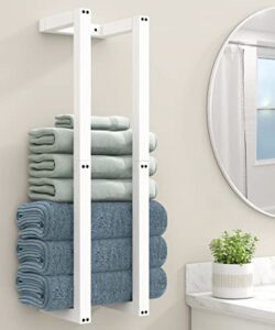 sonefreiy bathroom wall towel racks for rolled towels, solid wooden white towel holder, wall towel organizer rustic bathroom towel storage for shower towel, bath towels, beach towels, towel shelves