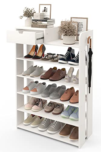 Waktavel 5 Tiers Vertical Shoe Rack with Hook, Wooden Shoe Rack Organizer with Open Top Free Standing Shoe Storage Stand for Entryway Hallway