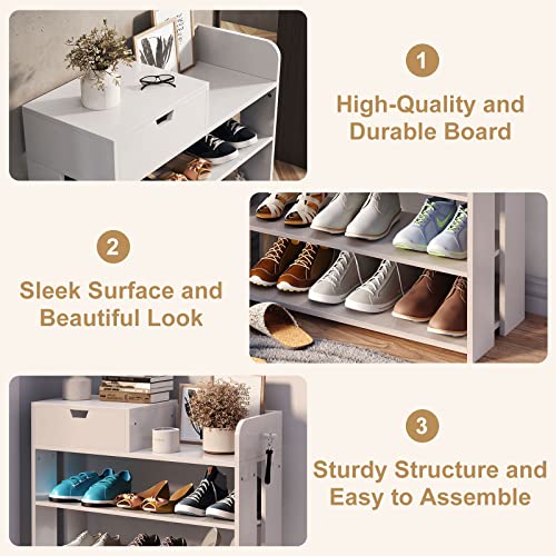 Waktavel 5 Tiers Vertical Shoe Rack with Hook, Wooden Shoe Rack Organizer with Open Top Free Standing Shoe Storage Stand for Entryway Hallway