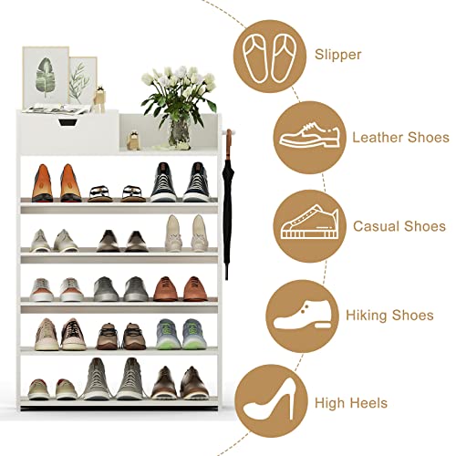 Waktavel 5 Tiers Vertical Shoe Rack with Hook, Wooden Shoe Rack Organizer with Open Top Free Standing Shoe Storage Stand for Entryway Hallway