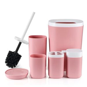 otostar 6 piece bathroom accessory set plastic bath accessories bathroom gifts set with soap dispenser toothbrush holder tumbler soap dish toilet brush holder trash can decor countertop (light pink )