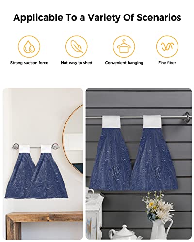 Ldtrchee Navy Blue Hand Towel with Hanging Loop, Abstract Mountains Line Minimalist Art Hanging Tie Towels Set 2 Pcs, Kitchen Absorbent Towel for Bathroom Tea Bar Laundry