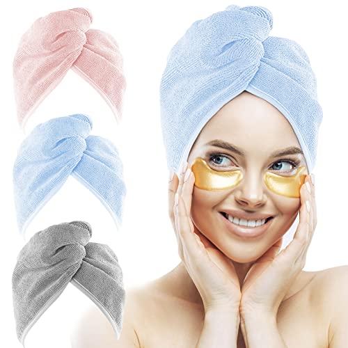 HOMEXCEL Microfiber Hair Towel for Women,3 Packs Hair Turbans for Wet Hair,Super Absorbent Hair Drying Towel Wrap with Double Button for Curly,Longer,Thicker Hair Anti Frizz- 10X 26 Inch