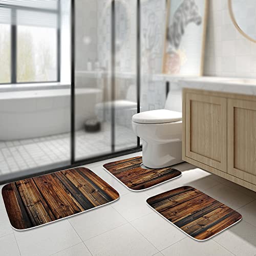Kntiline Western Country Farmhouse Style Rustic Wood Print Barn Bathroom Rugs and Mats Sets 3 Piece, Memory Foam Bath Mat 20 x 31 in, U-Shaped Contour Shower Mat Non Slip Absorbent