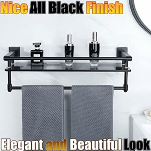 Alise Bathroom Shelves Glass Shelf with Bar,Wall Mount Floating Shelves for Bathroom,1 Tier Tempered Glass Rack Holder Storage Organizer,SUS 304 Stainless Steel Rack,Matte Black