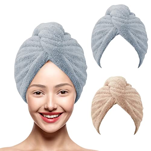 Flytianmy 2 Pcs Microfiber Hair Towel, 10 X 26 Inch Hair Turbans for Wet Hair, Drying Hair Wrap Towels for Women (Grey, Khaki)