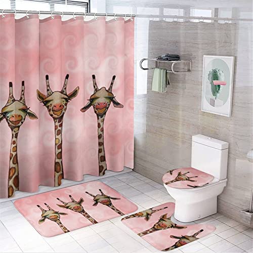 SWEET TANG 4 Pc Cute Giraffe Three Cartoon Pattern Bath Room Carpet + Contour Mat & Lid Cover Rubber Backing + Anti-Fade Spa Curtain for Hotel, Tub and Shower