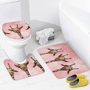 SWEET TANG 4 Pc Cute Giraffe Three Cartoon Pattern Bath Room Carpet + Contour Mat & Lid Cover Rubber Backing + Anti-Fade Spa Curtain for Hotel, Tub and Shower