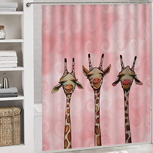 SWEET TANG 4 Pc Cute Giraffe Three Cartoon Pattern Bath Room Carpet + Contour Mat & Lid Cover Rubber Backing + Anti-Fade Spa Curtain for Hotel, Tub and Shower