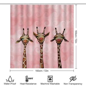 SWEET TANG 4 Pc Cute Giraffe Three Cartoon Pattern Bath Room Carpet + Contour Mat & Lid Cover Rubber Backing + Anti-Fade Spa Curtain for Hotel, Tub and Shower