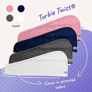 Turbie Twist Microfiber Hair Towel Wrap for Women and Men | 4 Pack | Bathroom Essential Accessories | Quick Dry Hair Turban for Drying Curly, Long & Thick Hair (Pink, Blue, Grey, White)