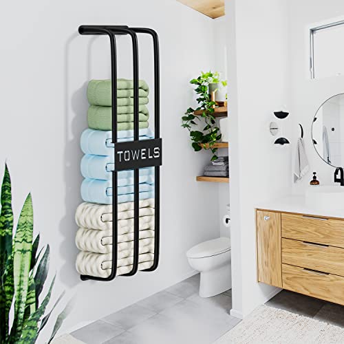 Towel Racks for Bathroom Wall Mounted, Upgrade 3 Bar Towel Storage for Small Bathroom, Bath Towel Storage, Wall Towel Rack for Rolled Towels, Towel Organizer for Bathroom, Metal Towel Holder, Black