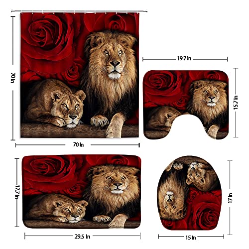 MUENKKCS 4 Pcs Red Rose Lion Shower Curtain Sets with Bath Rugs and Bath U-Shaped Mat Toilet Lid Cover Wildlife Animals Bathroom Decor Accessories