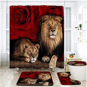 muenkkcs 4 pcs red rose lion shower curtain sets with bath rugs and bath u-shaped mat toilet lid cover wildlife animals bathroom decor accessories