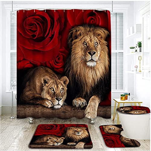 MUENKKCS 4 Pcs Red Rose Lion Shower Curtain Sets with Bath Rugs and Bath U-Shaped Mat Toilet Lid Cover Wildlife Animals Bathroom Decor Accessories